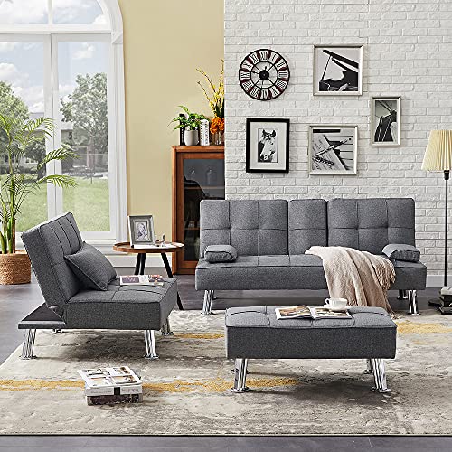 UNIROI Faux Leather Futon 3pcs Sofa Bed Living Room Furniture Set, 2 Seating Fabric Convertible Folding Couch with Cup Holders Removable Armrest,Single Chair with Ottoman, Grey