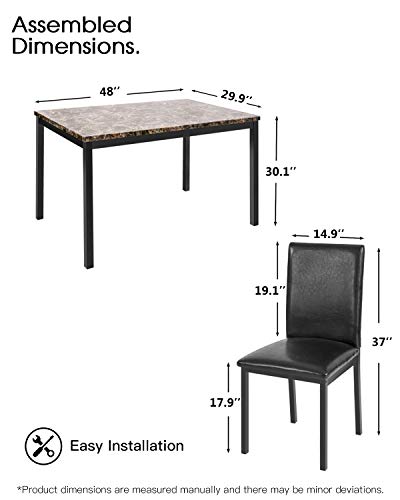MOOSENG Dining Table Set, 5 Pieces Elegant Faux Marble Kitchen Table Set with 4 Upholstered PU Leather Chairs, Perfect for Bar Kitchen Breakfast Nook Living Room Black