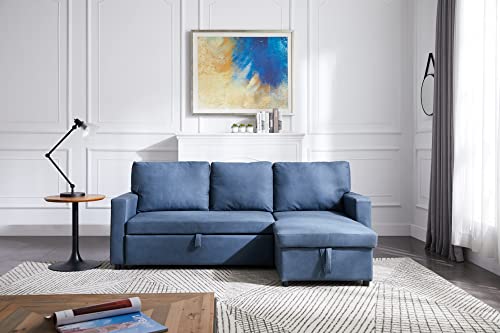 Yoglad Reversible Sleeper Sectional Sofa with Storage and Pull-Out Couch Sleeper, L Shaped Corner Sofa Bed with Chaise, Living Room Furniture Set, 3 Seats (Navy)