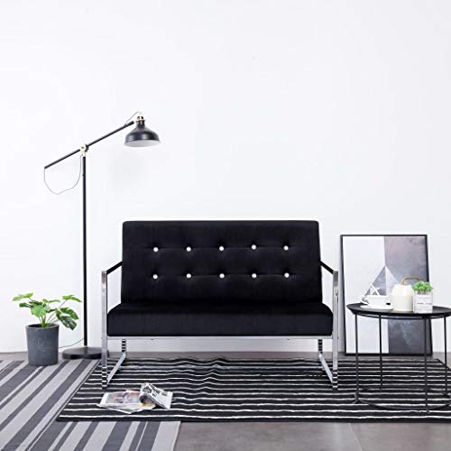 2-Seater Sofa with Armrests | Modern 2-Seat Sofa Couch with Metal Legs | Polyester Living Room Sofa with Wooden Frame | Black Velvet with Chrome Legs 44.9