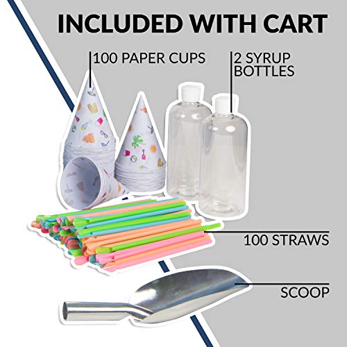 Nostalgia 54-Inch Tall Snow Cone Cart, Makes 72 ICY Treats, Includes Metal Scoop, 2 Syrup Bottles, 100 Paper Cups/Spoons, Storage Compartment, Wheels for Easy Mobility – Blue