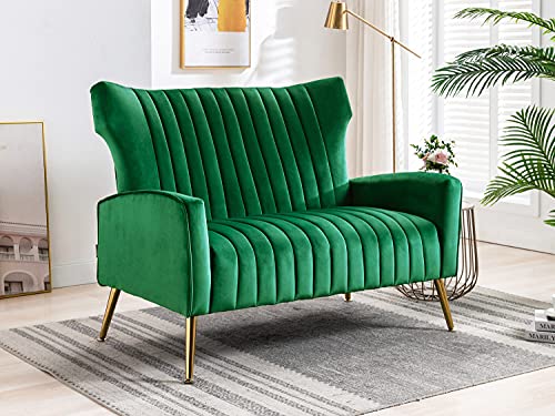 Altrobene Curved Tufted Contemporary Velvet HighBack Loveseat Sofa Chair Upholstered Couch with Gold Metal Legs Two-Seat Sofa for Living Room Bedroom Apartment Small Space Dorm, Green
