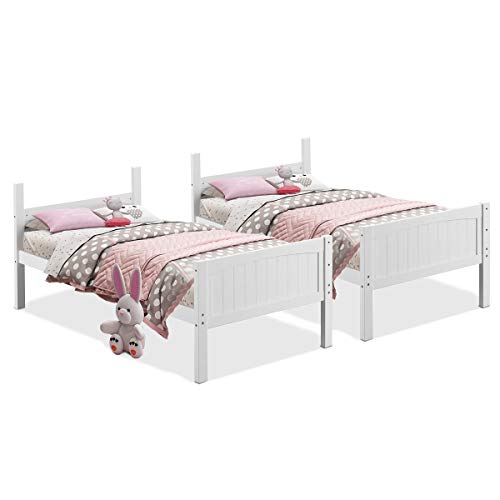 Costzon Wooden Twin Over Twin Bunk Beds Convertible 2 Individual Twin Beds for Kids Children, Solid Rubberwood Bunk Bed with Ladder and Safety Rail (White)