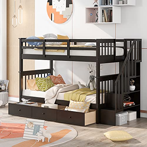 Twin-Over-Twin Bunk Bed with 4 Storage Stairway , 3 Drawers and Guard Rail, Twin-Over-Twin Bunk Bed for Bedroom, Dorm, for Family, Kids, Teens, No Box Spring Needed