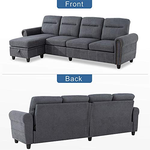 JAMFLY Convertible Sectional Sofa Couch with Reversible Chaise, L-Shaped Couch 4-seat Sofas with Modern Chenille Fabric for Living Room(Drak Grey)