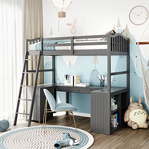 Twin Size Loft Bed with Desk and Drawers, Wood Loft Bed with Storage Shelves and Ladder, Twin Loft Bed Frame for Kids, Teens Boys & Girls (Twin, Grey)