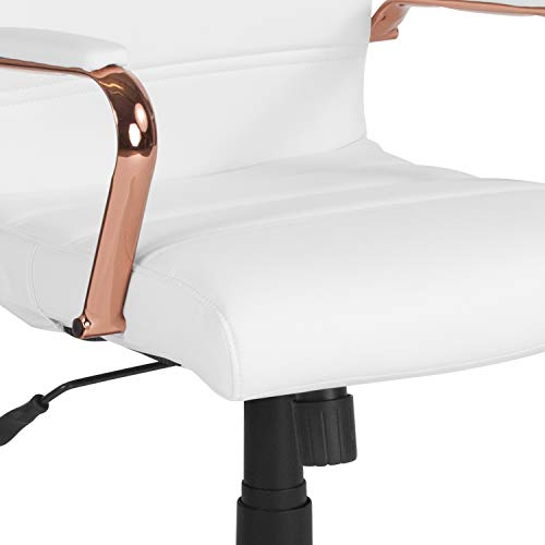 Flash Furniture Mid-Back White LeatherSoft Executive Swivel Office Chair with Rose Gold Frame and Arms