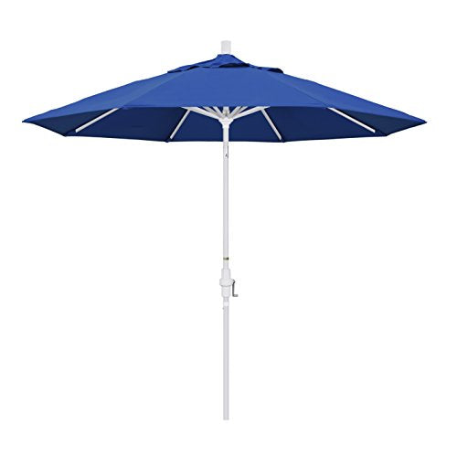 California Umbrella 9' Round Aluminum Market Umbrella, Crank Lift, Collar Tilt, White Pole, Pacifica Pacific Blue