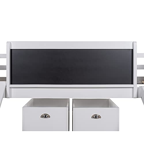 Low Loft Bed with Slide and Two Storage Boxes, Chalkboard, Wood Twin Size Loft Bed with Climbing Frame and Rope (White, Loft Bed)