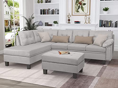 L-Shaped Sectional Sofa Set with Chaise Lounge and Storage Ottoman Living Room Furniture Set Sofa Couch with Nail Head Detail for Home (Light Grey)