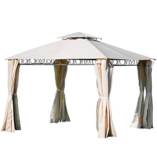 10.6x10.6FT Outdoor Gazebo Canopy Shelter Tent w/ Double Roof Hardtop, Galvanized Steel Frame, Netting and Curtains for Garden, Patio, Lawns, Terraces (Beige)