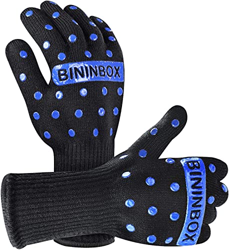 BBQ Gloves,Oven Gloves1472℉ Extreme Heat Resistant, Food Grade Kitchen Grill Gloves, Silicone Non-Slip Cooking Gloves for Barbecue, Cooking, Baking, Welding, Cutting (Black+Blue)