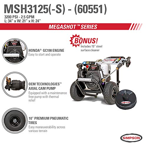Simpson Cleaning MSH3125 MegaShot Gas Pressure Washer Powered by Honda GC190, 3200 PSI at 2.5 GPM, Black & 80165, Rated Up to 3700 PSI Universal 15