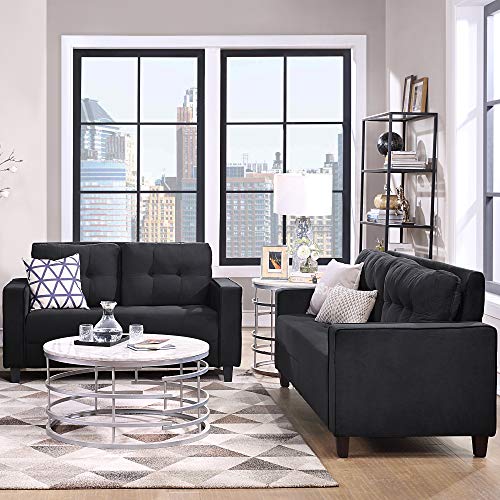 GAOPAN Modern 2 Piece Upholstered Sectional Sofa for Living Room Furniture Set Include Three Seater Sofá, Loveseat, Stylish Velvet Tufted Cushion Couch Easy Assemble W/Side Pockets,Black