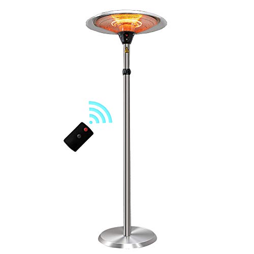 Estery Remote Control Electric Patio Heater Outdoor Waterproof Infrared Carbon Fiber Tube Heaters 600W 900W 1.5KW Portable Flame Retardant Overheat Protection f Garden Garage Balcony Indoor Silver