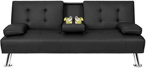 Suwikeke Faux Leather Convertible Futon Removable Armrests/Metal Legs, 2 Cupholders Sofa Bed, Black