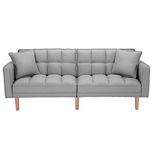 Futon Sofa Bed Sleeper Loveseat,JULYFOX 2 Position Recliner Couch Tufted Upholstered Fabric Sofa with Armrest 2 Throw Pillows Heavy Duty Design-Light Gray