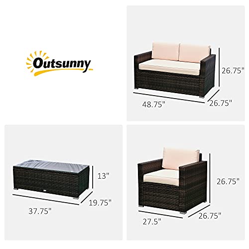 Outsunny 4-Piece Cushioned Patio Furniture Set, with 2 Chairs, Sectional, and Glass Coffee Table, Rattan Wicker, Brown