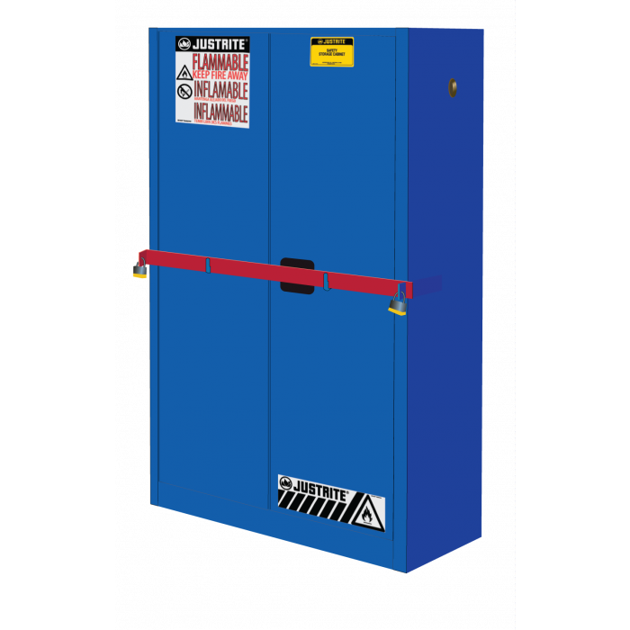 Justrite 45-Gallon High-Security Flammables Safety Cabinet With Steel Bar, Cap, 2 Shelves, 2 Self-Close Doors