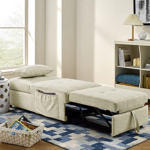 Lazyspace Folding Ottoman Sleeper Sofa Bed, 4 in 1 Function, Work as Ottoman, Chair,Sofa Bed and Chaise Lounge for Small Space Living, Begie ((44” x 26” x 33”H)