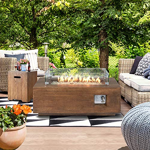 ECOTOUGE 42Inch 2-Piece Outdoor Propane Gas Fire Pit Table, 50,000 BTU Auto-Ignition Rectangular Fire Table w/ Tank Holder, Wind Guard ,Weather-Resistant Waterproof Cover, Glass Stone