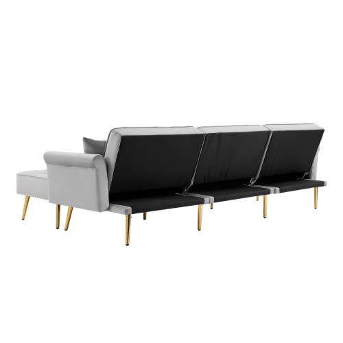 Mid-Century Sectional Convertible Sofa Bed - Contemporary Velvet Sectional L Shaped Couch Light Grey Three-seat Sofa