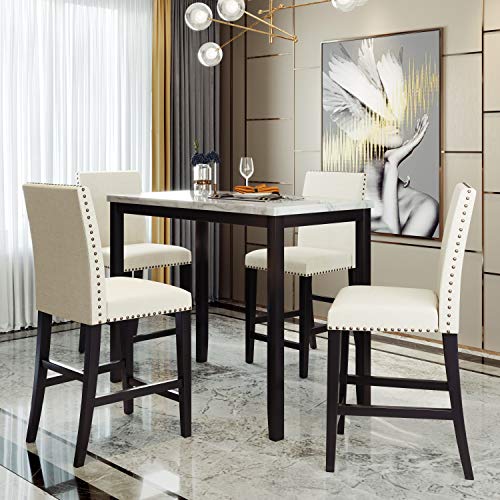 Harper & Bright Designs 5 Piece Dining Table Set, Marble Veneer Top Dining Table Set with 4 Matching Chairs for Home, Beige