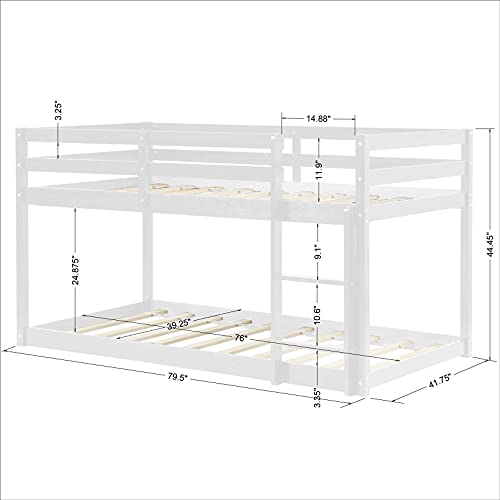 Low Bunk Beds Twin Over Twin, Wood Twin Bunk Bed Frame with Safety Rail Ladder for Kids Bedroom, White Loft Bed for Boys Girls Toddlers
