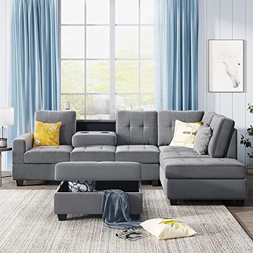 RINIMEI 3 Piece Modern Living Room Sectional Sofa Furniture Set,L-Shaped Upholstered Corner Couch with Reversible Chaise Lounge,Storage Ottoman & Cup Holders for Home Office, Antique Gray