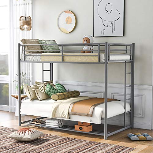 Harper & Bright Designs Twin Over Twin Bunk Beds with Storage, Metal Bunk Bed Twin with Ladder and Safety Rail for Boys, Girls, Kids, Young Teens and Adults (Grey, Twin Bunk with Storage)