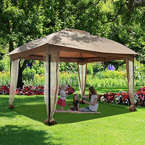 DikaSun Gazebo for Patio 10'X13', Soft Top Dual Roof Gazebo with Mosquito Netting Curtains, Heavy Duty Outdoor Shade Gazebo Canopy Tent with 130 Feet of Shade Adjustable Top Corner Tubes, Sand