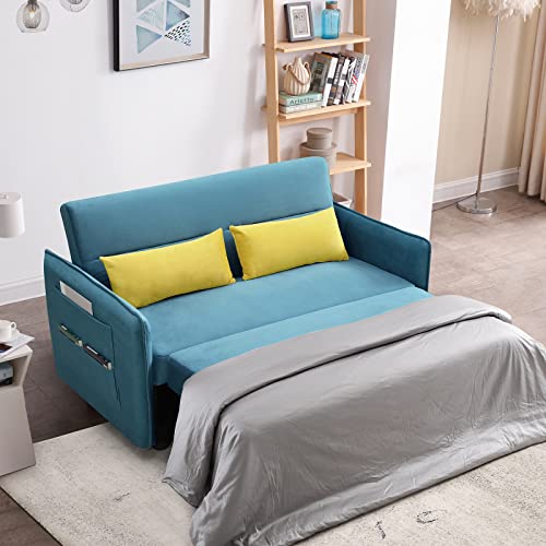 FIVELA Velvet Sofa Loveseat Convertible Recliner Bed w/Side Storage Pockets, Pull-Out Sleeper SofaBed with 2 Pillows & Adjustable Backrest for Living Room Apartment Compact Space, Grey