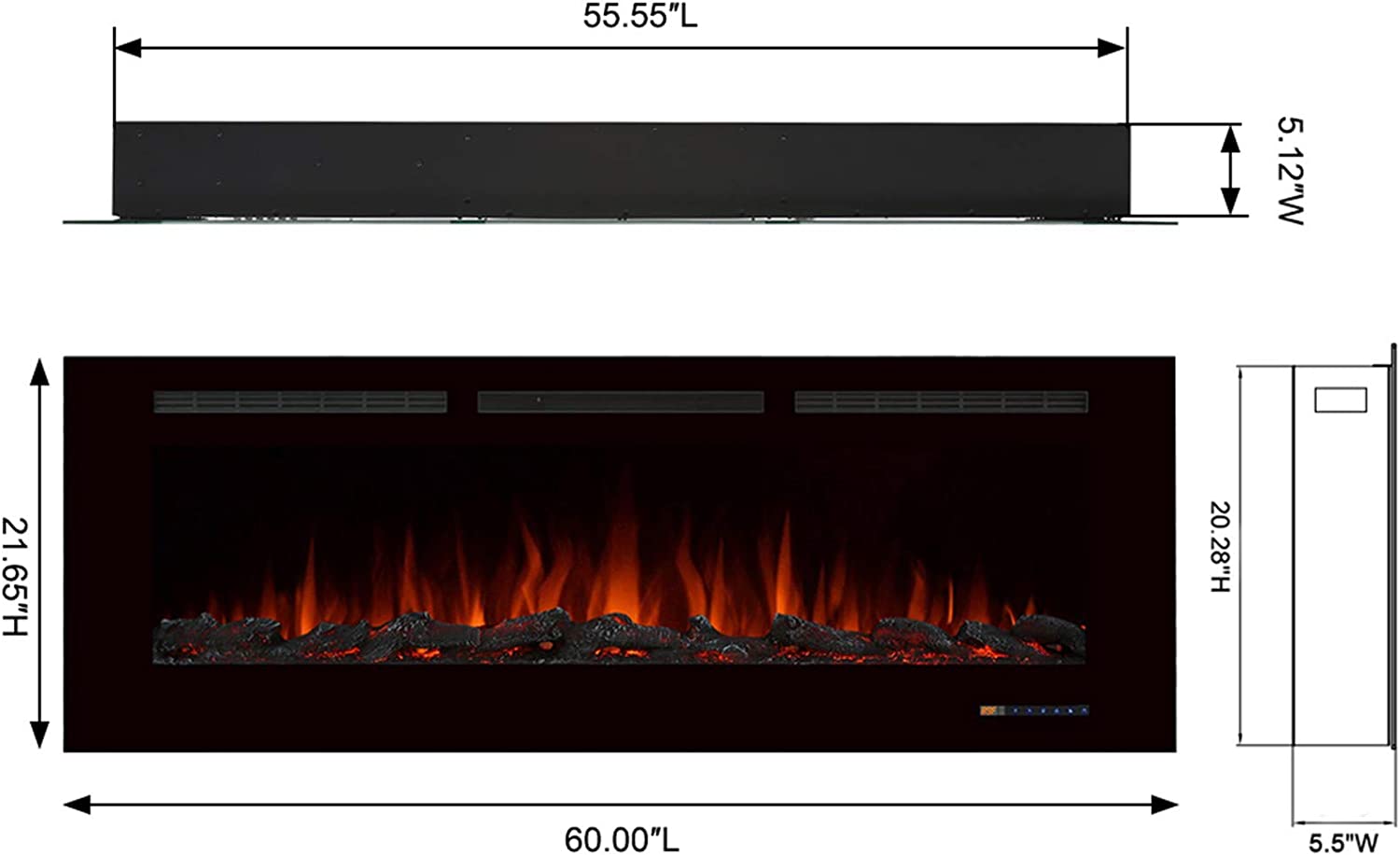 Valuxhome BI60 60 in. 750/1500W Recessed and Wall Mounted Electric Fireplace with Remote LED Lights Logs and Crystals Black New