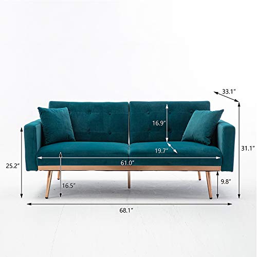MemaRo Sofa Velvet Upholstered Sofa Bed Convertible Loveseat Sleeper Couch with 2 Pillows and Metal Feet Detachable Armrests for Living Room,Teal