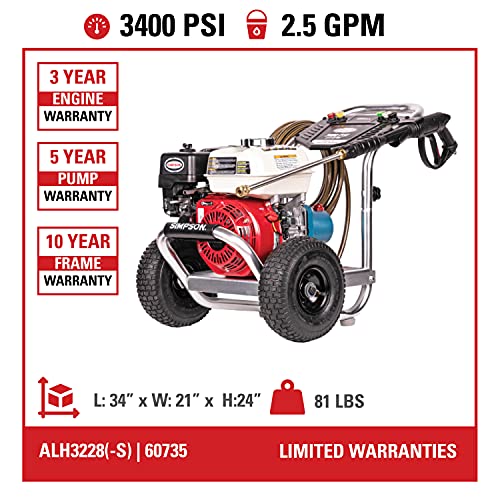 SIMPSON Cleaning ALH3228-S Cleaning ALH3228 3400 PSI at 2.5 GPM Gas Powered by HONDA GX200 Pressure Washer, Red