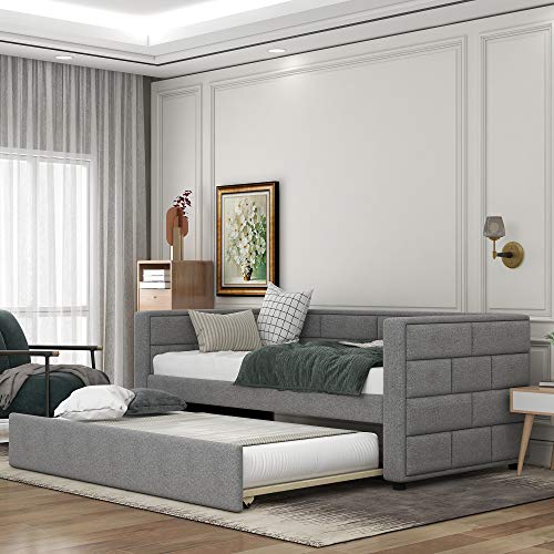 Merax Upholstered Daybed Twin Size Daybed with Trundle Wooden Sofa Bed Twin Size with Padded Back for Living Room Bedroom,Wooden Slat Support,No Box Spring Needed