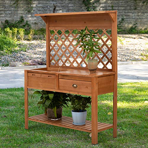 Outsunny 48'' Garden Wooden Potting Bench Table w/Metal Screen, Draining Area, Side Hooks, Drawer, Open Upper/Lower Shelf