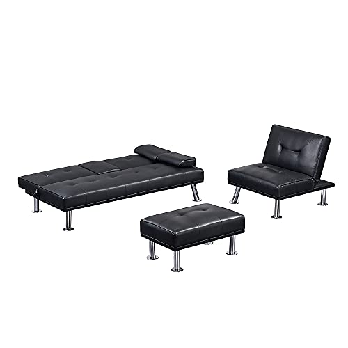 Takefuns 3 Pieces Convertible Sectional Sofa Set, Faux Leather Upholstered Sofa Bed with Two Cup Holders and Ottoman, Modern Living Room Sofa Furniture Set, Black
