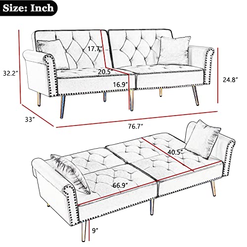 Velvet Futon Sofa Bed Convertible Sleeper Sofa Couch with Two Pillows, Antetek Modern Loveseat Sofa with 3 Adjustable Positions and 6 Golden Metal Legs for Living Room and Bedroom, Black