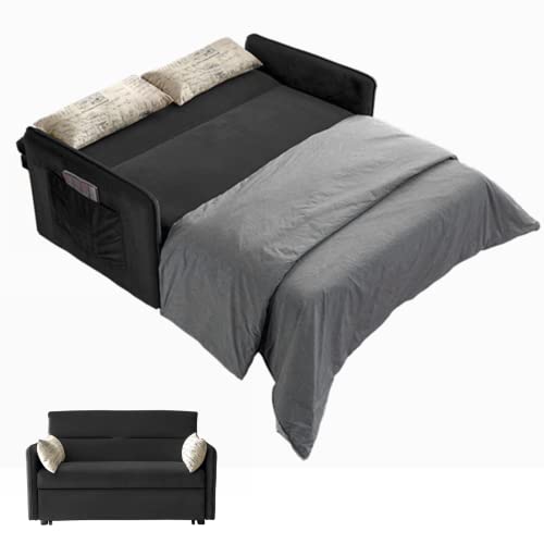 Gynsseh Pull Out Sofa Bed Loveseat Sleeper, Convertible Velvet 2-Seat Sofa with Pull Out Bed & 2 Lumbar Pillows & Side Pocket, Compact Sleeper Sofa Loveseat for Small Living Space (Black)