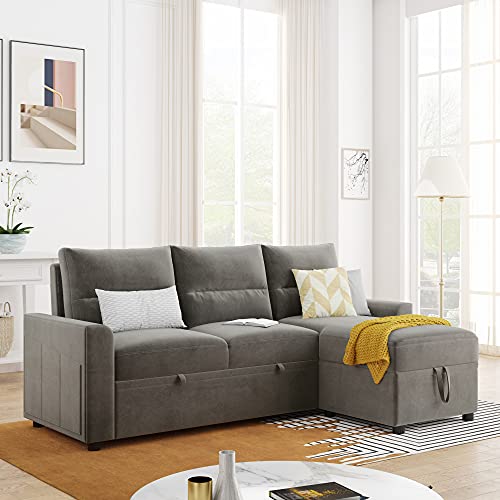 Vanvande Reversible 3-Seat Sectional Sofa with 2 Pull-Out Sleepers, Space Saving Functional Sofa Bed, Chaise with Loveseat, Fabric