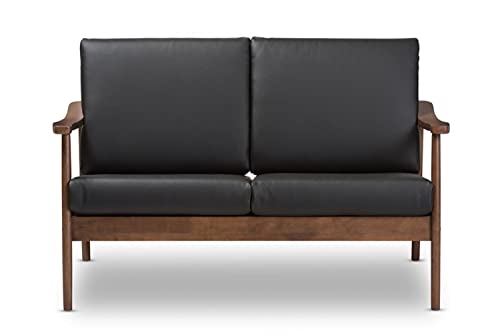Baxton Studio Venza Mid-Century Modern Walnut Wood Black Faux Leather 2-Seater Loveseat Mid-Century/Black/Walnut Brown/Faux Leather/Rubber Wood/