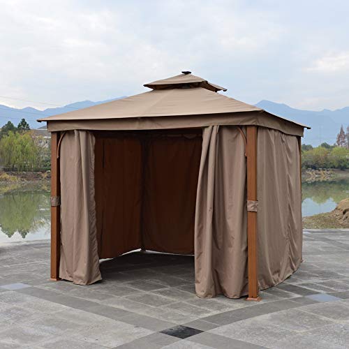 ALEKO GZC10X10W Double Roof Aluminum Frame Gazebo with Wooden Finish and Curtains - 10 x 10 Feet - Sand