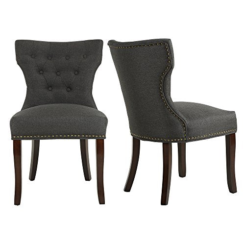 LSSBOUGHT Set of 2 Fabric Dining Chairs Leisure Padded Chairs with Brown Solid Wooden Legs,Nailed Trim,Charcoal
