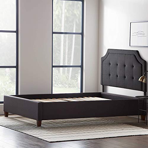 LUCID Bordered Upholstered Headboard with Square Tufting and Scalloped Edges with LUCID Upholstered Platform Bed with Slats, Queen, Charcoal