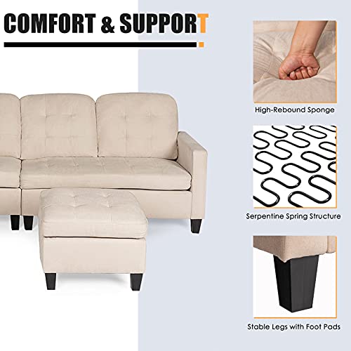 Giantex Sectional Sofa Couch, L-Shaped Linen Sleeper, Convertible Sofa with Chaise Ottoman, Living Room Furniture for Aparment 77