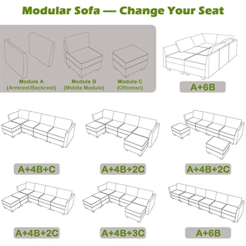 STHOUYN Comfy L Shaped Modular Couch Sectional Sofa Set, Sectionals Sofas for Living Room with Storage Seat & Ottoman Footstool, Light Grey (1A+4B+1C)