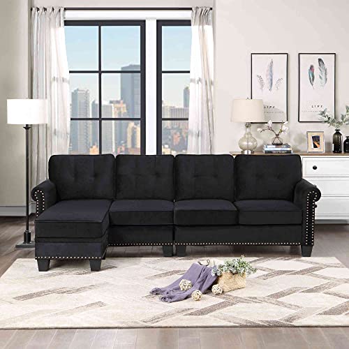 Cotoala Modern Upholstered 4-Seat Sofa with Scrolled Arm and Nailhead Trim, Sectional Couch w/Removable Storage Ottoman for Living Room Space, Black
