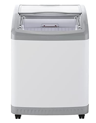 DUURA DDFC6 Commercial Mobile Ice Cream Display Chest Freezer Sub Zero Temp Curved Glass Top Frost Free Lid with 2 Wire Baskets, 24.6 Inch Wide 5.7 Cubic Feet, White