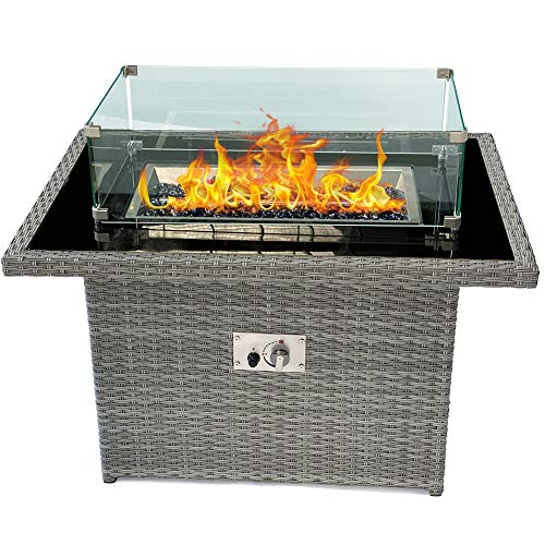 40 Inch PE Rattan Outdoor Gas Fire Table, 50,000 BTU Propane Fire Pit Table, 2-in-1, Blue Stone Wind Guard Rain Cover Included, Gray, Rectangle